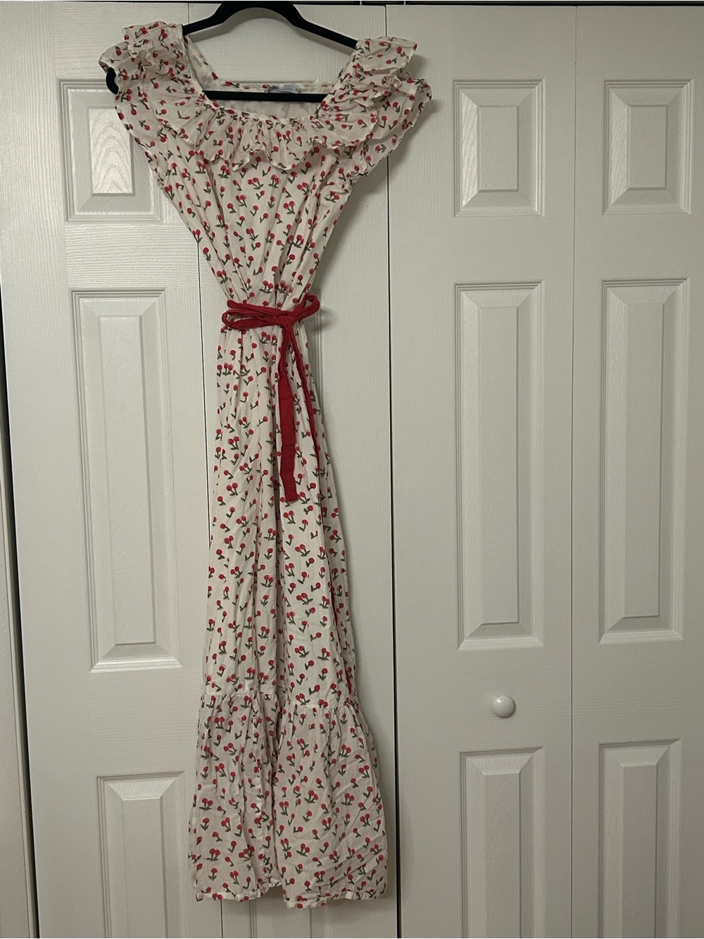 Le Bazar Coastal Maxi Dress with Red Cherry Print and Red Tie Belt